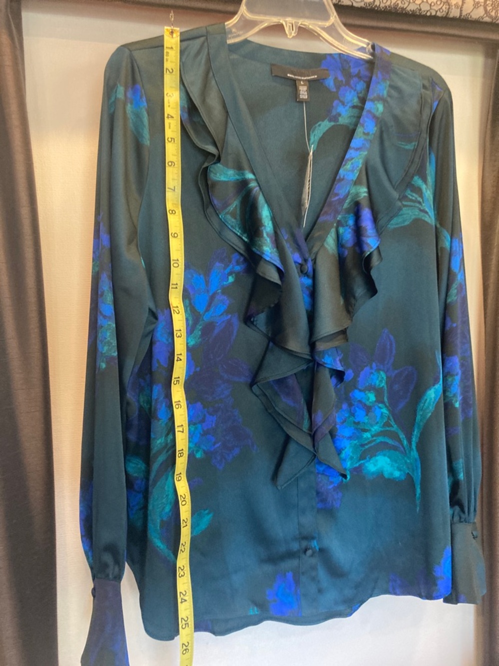 WHBM Emerald Green & indigo Floral pattern/Ruffle Blouse - Picture 7 of 9